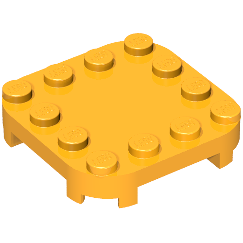 Yellow LEGO 4x4 plate with rounded corners and 4 feet, featuring studs with 'LEGO' embossed.