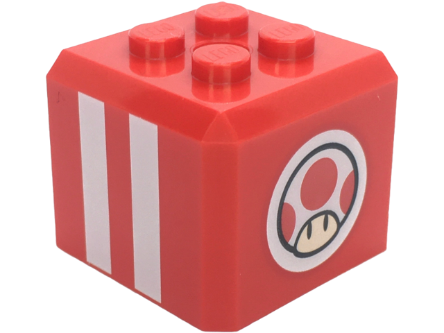 Red LEGO cube brick with 4 studs on top, featuring white stripes and a Super Mario Toad head logo.