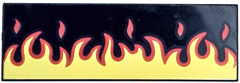 LEGO 69729pb096 Tile 2 x 6 with a red and yellow flame pattern against a black background.