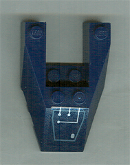 Dark blue LEGO 6x4 wedge plate with cutout and stud notches, featuring a silver circuitry pattern on the sloped front.