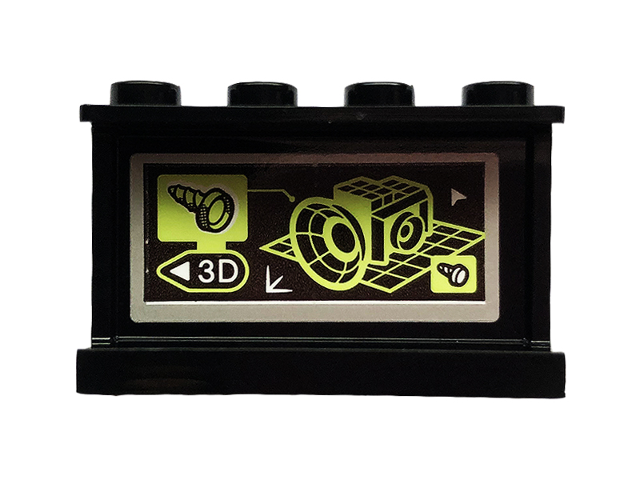 Black LEGO 1x4x2 panel with green and black 3D model pattern, screw, and '3D' text.