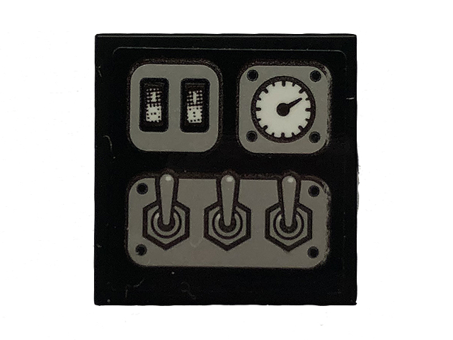 LEGO 2x2 tile with a black control panel pattern featuring two buttons, a round gauge, and three toggle switches.