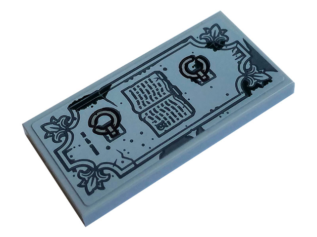 Light grey LEGO 2x4 tile with black print of an open book, two key-like grave symbols, and ornate, distressed borders.