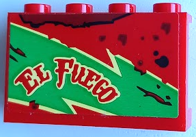 Red LEGO panel 1x4x2 with 'EL FUEGO' text on bright green lightning pattern, bright light yellow outline, and black oil stains.