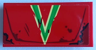 Red LEGO 2x4 tile with a bright green and bright light yellow capital 'V' pattern and dark oil stains, like a vehicle hood.