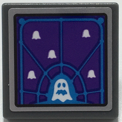 LEGO 15210pb107 - Road Sign 2 x 2 Square with Open O Clip with Dark Purple Screen with Dark Azure Grid, White Ghosts Pattern (Sticker) - Set 70424