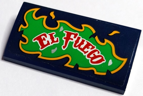 Dark blue LEGO curved 2x4 slope tile featuring red and white 'EL FUEGO' text on a green flame with orange trim.