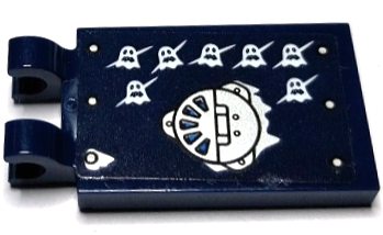 Dark blue LEGO 2x3 modified tile with clips. Features a silver panel with a blue-accented fan vent, rivets, and eight white ghost tally marks.