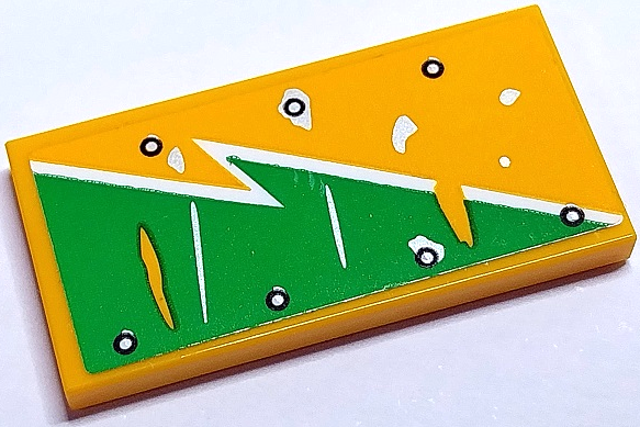 LEGO 2x4 yellow tile with bright green and white worn lightning bolt and silver rivet pattern, right side model.