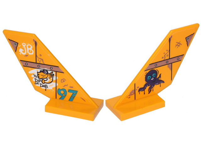 Two yellow LEGO tail shuttles, one with 'JB', '97', and shrimp graffiti, the other with a crying octopus and hashtag.