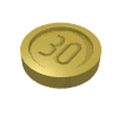 Gold LEGO Minifigure Utensil Coin Type 1 with '30' mark on its surface, viewed from a slight angle.