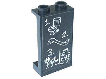 Black LEGO Panel 1x2x3 with side supports and hollow studs, featuring a white pattern of a toilet, pry bar, and escape plan.