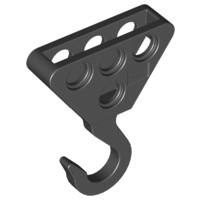 Dark gray LEGO Technic large hook part with a flat top section featuring three large and three small circular attachment holes.