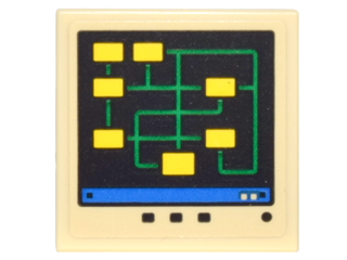 LEGO 2x2 tile with digital screen print: black display, yellow rectangles, bright green lines, and a blue bar.