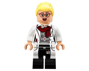 A LEGO minifigure of a blonde woman with red glasses, a red scarf, white lab coat, argyle sweater, and black pants.