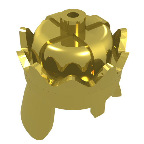 A shiny gold LEGO Minifigure crown with an intricate design, viewed from an angled top-down perspective.