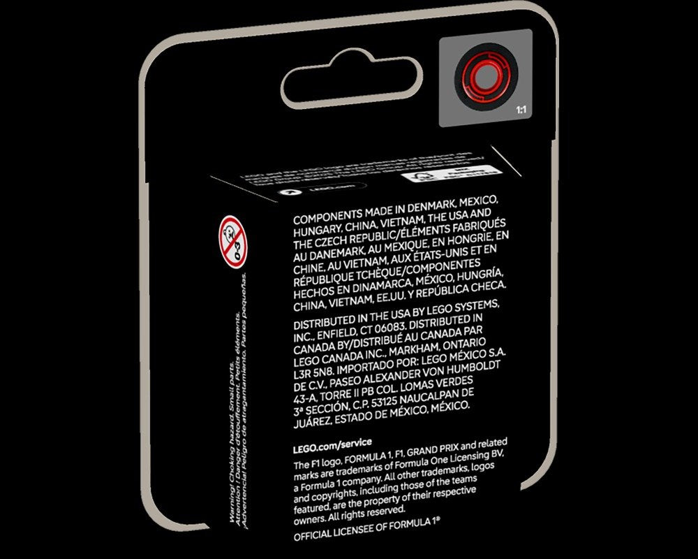 Back of LEGO F1 Collectible Race Car Minifigure package, showing choking hazard, part details, and legal text.