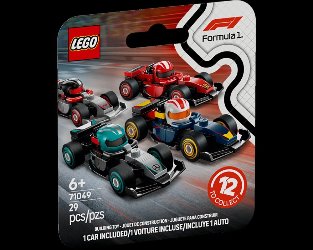 LEGO F1 Collectible Race Cars packaging showing four colorful F1 cars, '12 to collect', set 71049, 29 pieces, 1 car included.