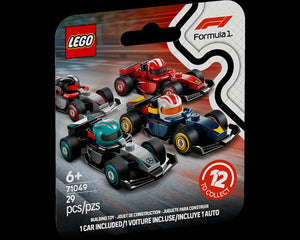 LEGO F1 Collectible Race Cars packaging showing four colorful F1 cars, '12 to collect', set 71049, 29 pieces, 1 car included.