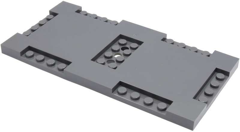 Top view of a dark gray LEGO modified 8x16 brick with 1x4 and 2x4 stud indentations.