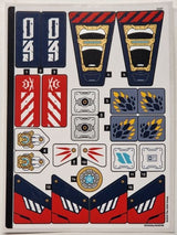 LEGO 71834stk01 sticker sheet for set 71834 with 15 futuristic-themed stickers in blue, red, grey, gold, and white.