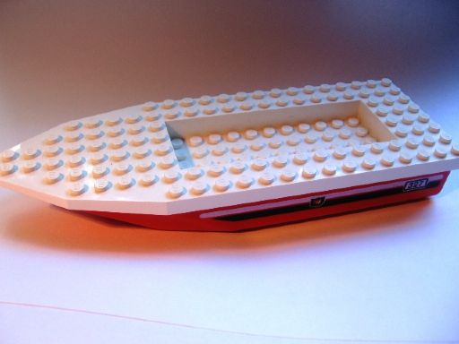 LEGO boat hull 71958c01pb01: red base, white top with studs, '327' and fire logo on black and white striped sides.