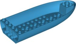 Blue LEGO aircraft fuselage forward bottom curved 6x16x2 piece with studs, viewed from above at an angle.