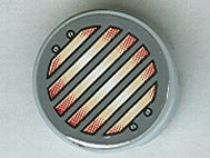 Round, grey LEGO 2x2 tile with a sticker showing diagonal orange and beige bars, resembling a headlight grille or vent pattern.