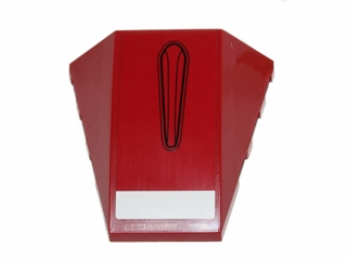 Red LEGO 4x4 triple curved wedge piece, no studs, with a black elongated oval and white stripe pattern.