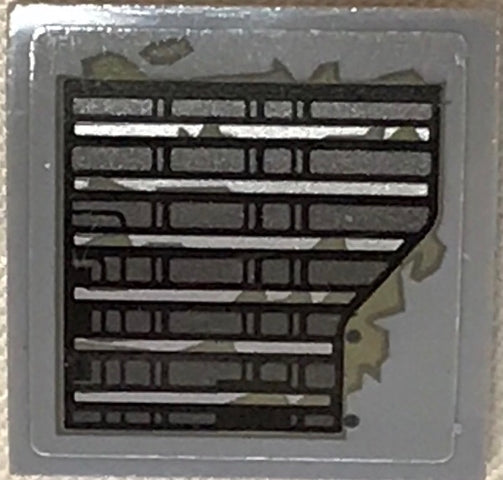 LEGO Slope, Curved 2x2x2/3 tile with SW Vent Pattern sticker. Dark grey horizontal bars, white lines, grey background, distressed.