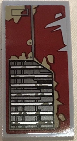 Light gray LEGO Slope, Curved 4x2, with dark red peeling paint pattern and a gray Star Wars vent graphic.