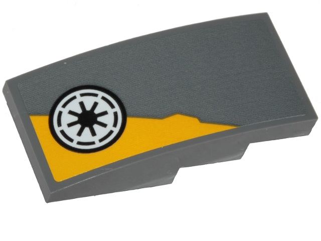 LEGO dark gray curved slope 4x2 with yellow triangle and white Star Wars Republic logo. Right side model.