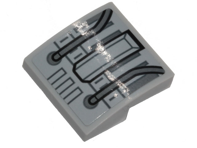 Light gray curved LEGO slope brick with dark bluish gray Millennium Falcon-style wires and panels pattern.