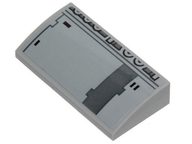 Light grey LEGO curved 2x4 slope brick with a dark grey and black Star Wars Millennium Falcon pattern printed on top.