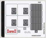 LEGO sticker sheet for set 75387 with four control panel, one red display, and a large grey striped panel sticker.