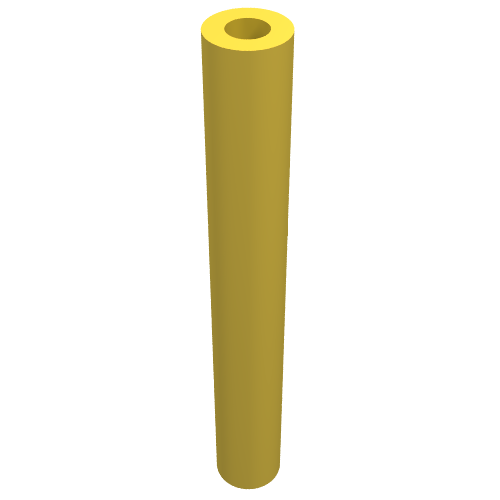A single dark yellow rigid LEGO hose part (75c03), 3mm diameter and 3L length, standing upright, hollow top visible.