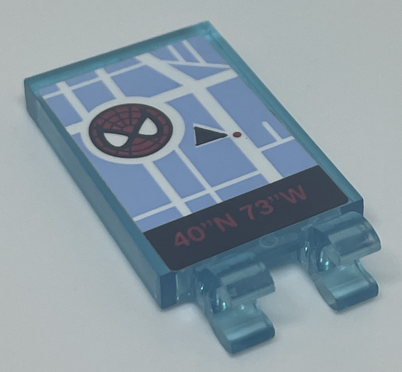 Trans-light blue LEGO 2x3 tile with 2 open clips, featuring a Spider-Man map, GPS pointer, and '40''N 73''W' coordinates.