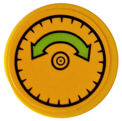 Round yellow LEGO tile with a green double-headed curved arrow and a rivet pattern on a white background.