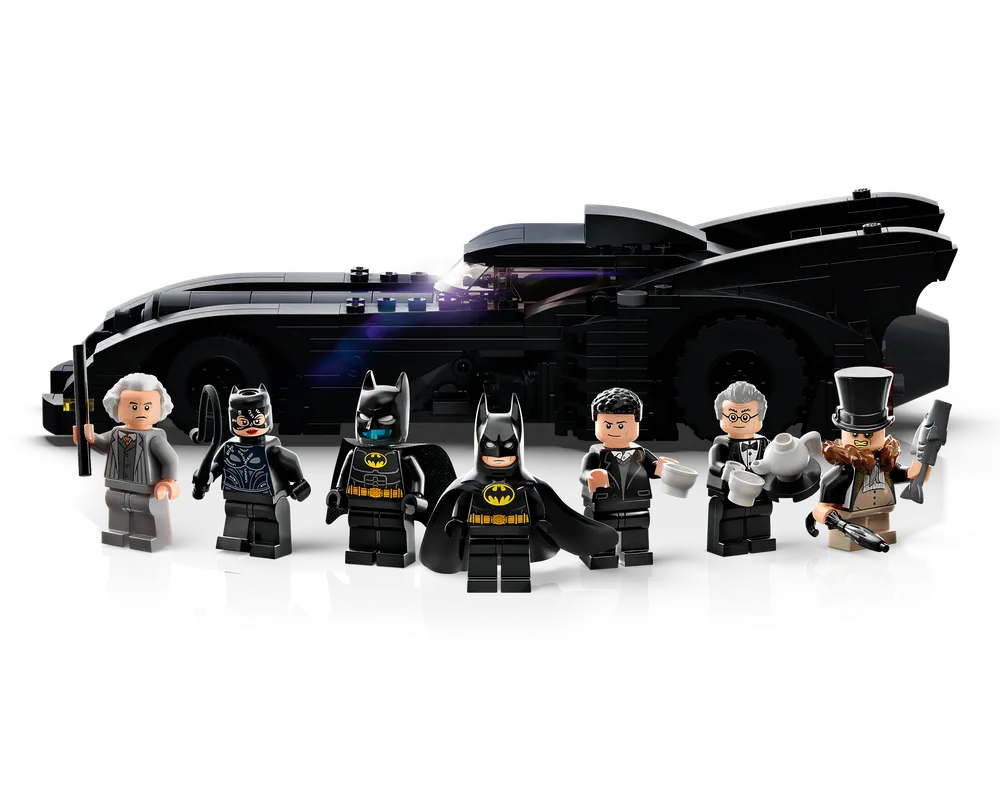 LEGO 1989 Batmobile with eight minifigures: two Batmen, Catwoman, The Penguin, Bruce Wayne, Alfred, and The Joker in disguise.