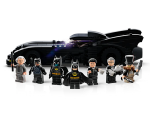 LEGO 1989 Batmobile with eight minifigures: two Batmen, Catwoman, The Penguin, Bruce Wayne, Alfred, and The Joker in disguise.