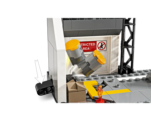 LEGO 76314 Captain America: Civil War Battle set showing a restricted area, falling canisters, and a play feature lever.