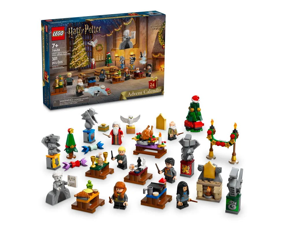 LEGO Harry Potter Advent Calendar 2024 (76438) box in background, 24 Harry Potter-themed minifigures and holiday builds in foreground.