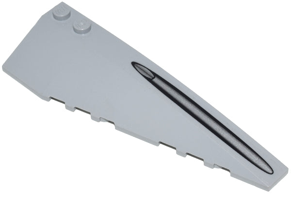 Light gray LEGO Wedge 10x3 Right piece with an elongated silver and black oval pattern. Two visible studs.