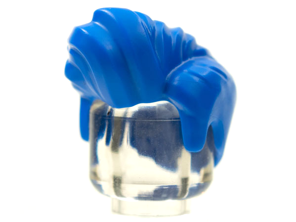 Close-up of a bright blue LEGO minifigure male pompadour hairpiece on a clear stand against a white background.