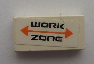 LEGO 3069pb0146 - Tegel 1 x 2 met 'WORK ZONE' en oranje pijl patroon (Sticker) - Set 7697
