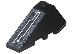 Black LEGO Wedge 4 x 2 Triple Left brick with a white circuitry pattern sticker on its sloped surface.
