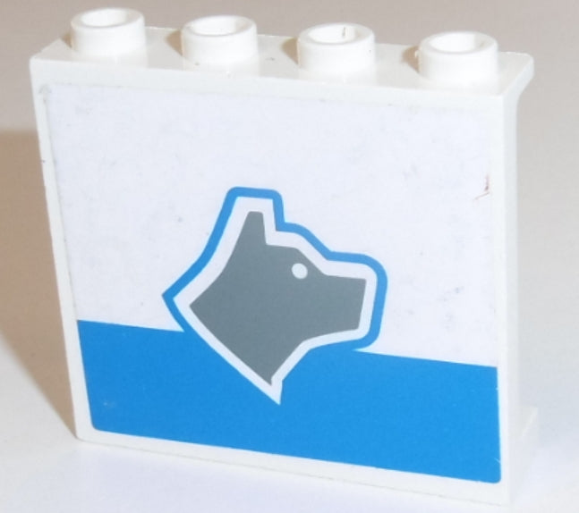 White LEGO 1x4x3 panel with hollow studs, featuring a dark gray dog head facing right, blue outline, and a blue stripe.