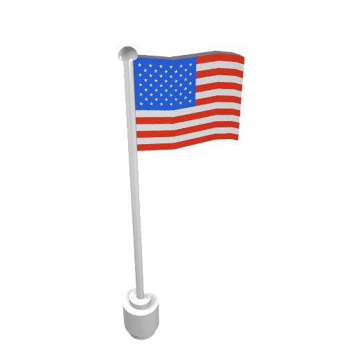 A LEGO flag of the United States with 50 stars and red and white stripes, waving on a grey flagpole with a round finial and base.