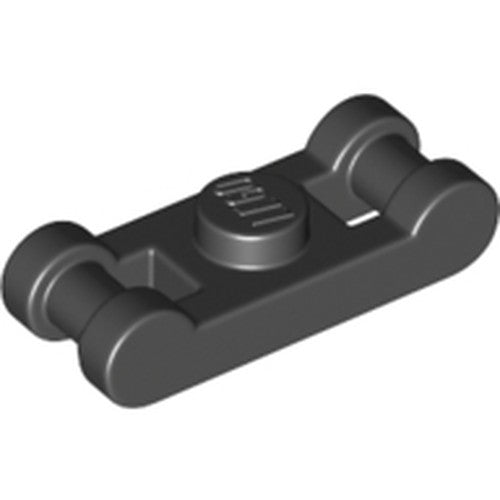 Black LEGO Plate, Modified 1x1 with Bar Handles on Ends, featuring a central stud with the LEGO logo.
