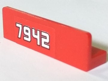 Red LEGO Panel 1x4x1 with a white '7942' pattern, applied as a sticker on its side. The brick is L-shaped.